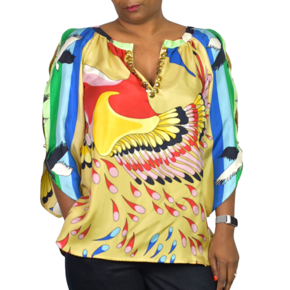 TIBI Silk Print Tunic Yellow Colorful Peacock Jeweled Studs Blue Cutouts Birds 6